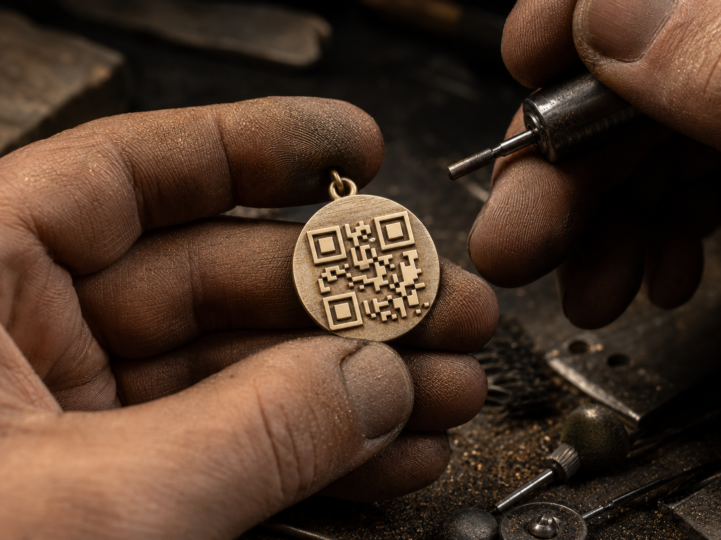 Mains sculptant un médaillon QR circulaire dans l'atelier de Vincent Du Bois