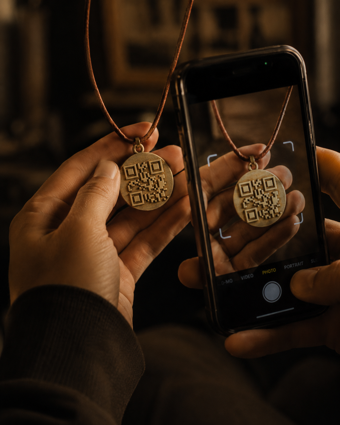 Scan du QR code du médaillon circulaire avec un smartphone